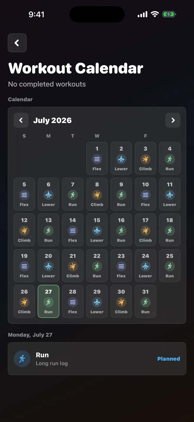 dpump workout calendar showing a full month of planned workouts.