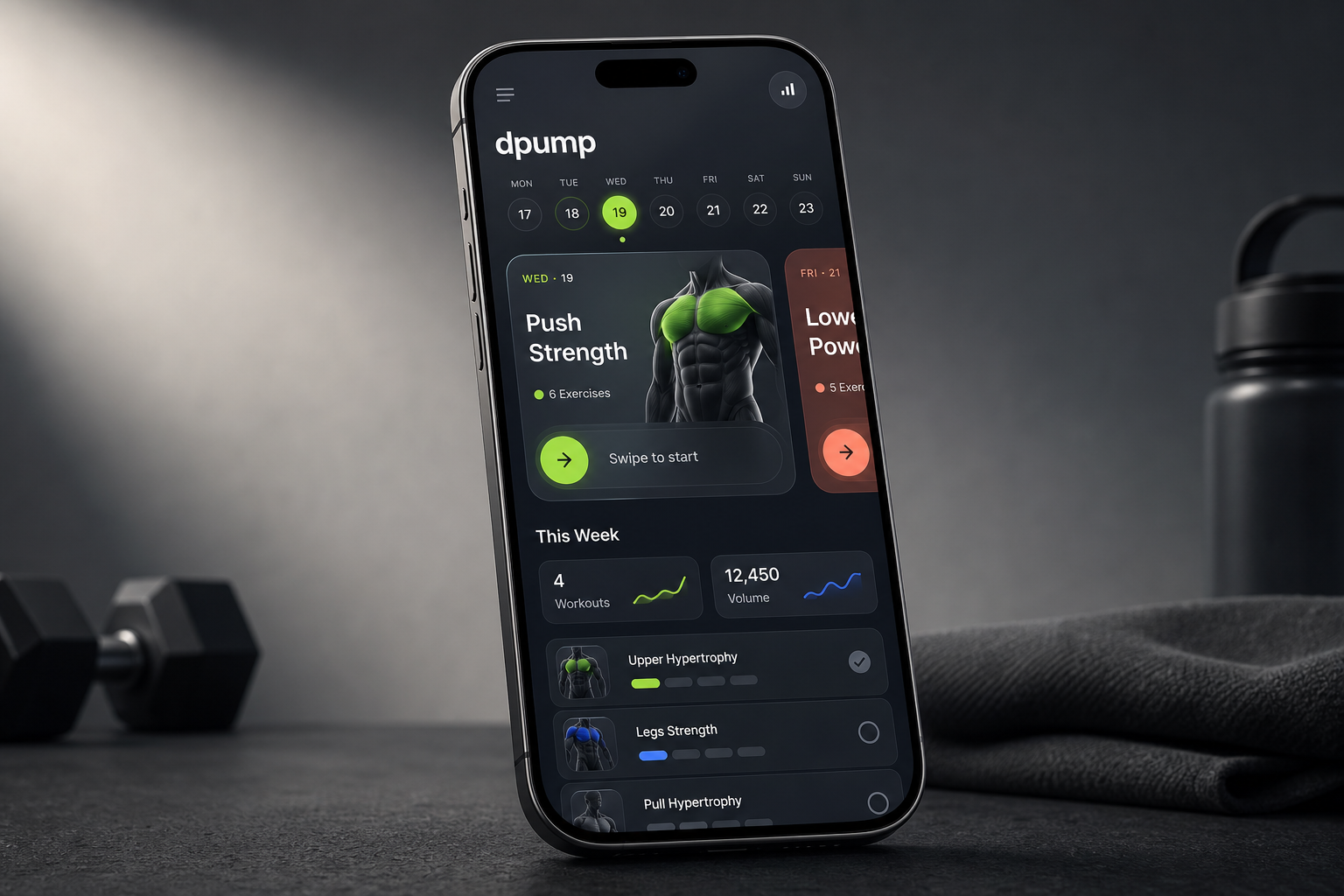 A preview of the dpump workout planner interface on an iPhone.