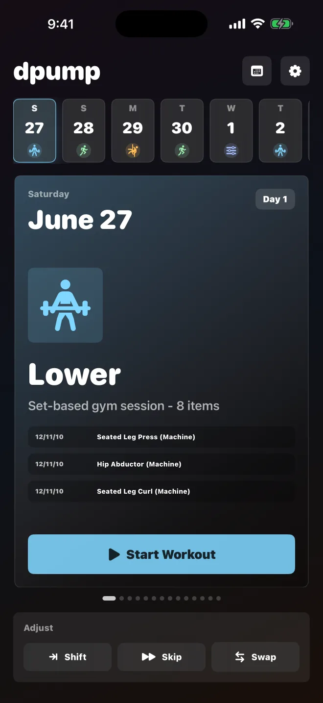 dpump planner home showing a Lower workout day.