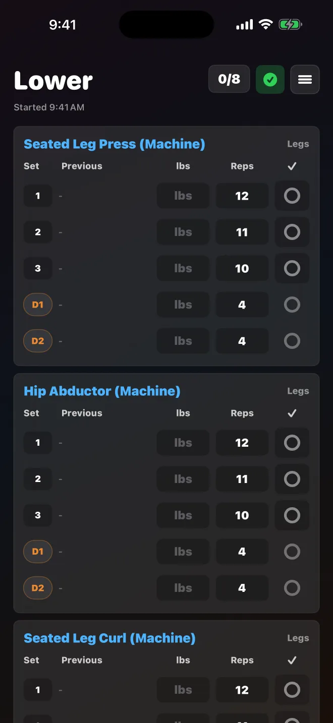 dpump active Lower workout tracking screen.